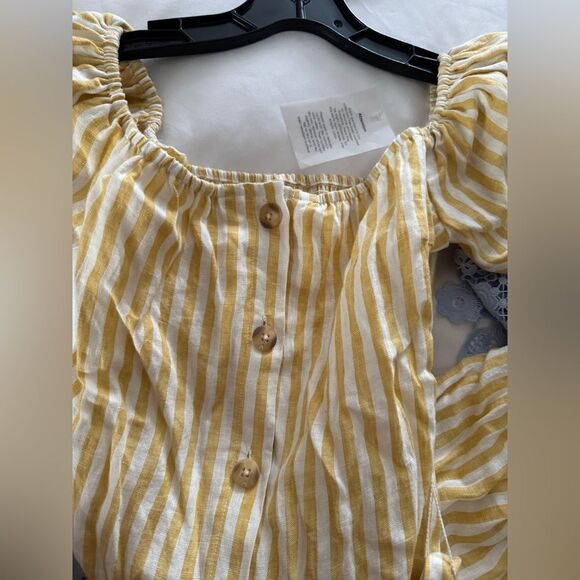 Anthropologie First Monday Linen Off-The-Shoulder Dress | Yellow & White Stripes - Picture 2 of 3